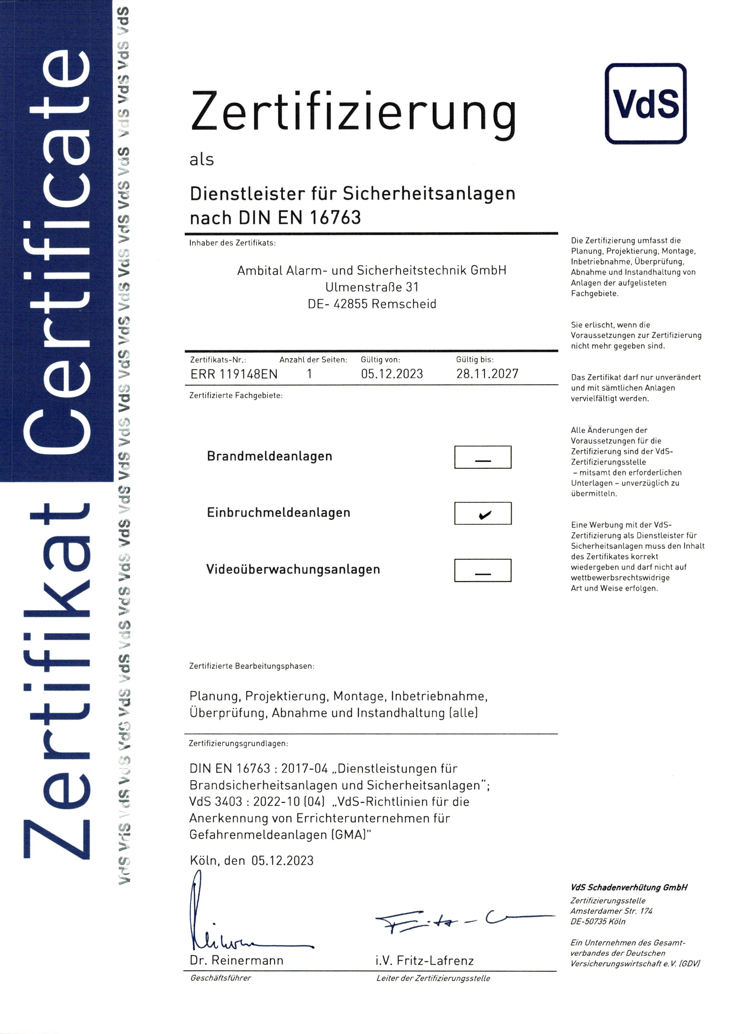 VdS Zertifizierung DIN EN 16763 Zertifikat